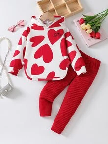 SHEIN Playful Pals 女童愛心印花連帽上衣與羅紋內搭褲2件套，甜美愛心印花休閒日常穿搭 - 紅色 - 查看 3