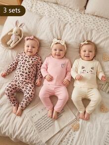 SHEIN 3 Sets Girls Casual Fashion Leopard Print Long Sleeve & Long Pants With Cat And Heart Design, Spring/Autumn Daily Wear - Multicolor - View 1
