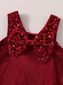 SHEIN 女童純色V領天鵝絨無袖休閒針織洋裝 - 紅色 - 查看 6