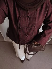 Modelyn Plus Size Loose Fit Two-Tone Plain Fabric Shirt With Front Button Design, Casual Style, Suitable For Spring And Autumn Daily Wear - Burgundy - View 6
