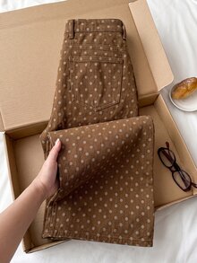 Comfortcana 女款休閒日常牛仔褲，附口袋、鈕扣與波點圖案 - 棕色 - 查看 3