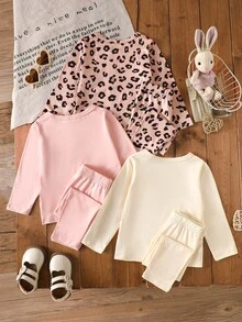 SHEIN 3 Sets Girls Casual Fashion Leopard Print Long Sleeve & Long Pants With Cat And Heart Design, Spring/Autumn Daily Wear - Multicolor - View 2