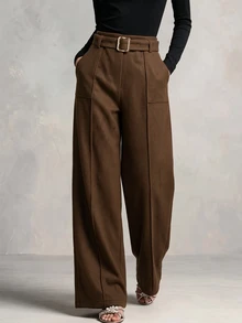 Vavine Women's Solid Color Pocket Casual Daily Wear Long Pants - Brown - View 7