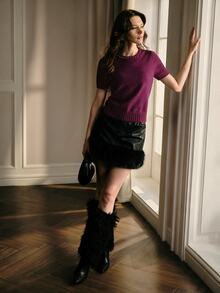 MOTF PREMIUM WOMEN'S RHINESTONE DECORATED SHORT SLEEVE KNIT TOP - Red Violet - View 4