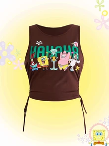 SpongeBob SquarePants | ROMWE Plus Size Cute Cartoon Pattern Puff Print Tank Top - Brown - View 1