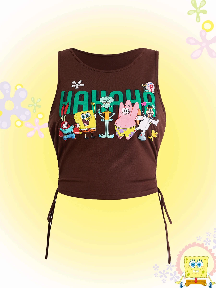 SpongeBob SquarePants | ROMWE Plus Size Cute Cartoon Pattern Puff Print Tank Top - Brown - View 1