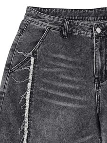 Manfinity Denimwave Y2K 深色水洗流蘇毛邊寬腿牛仔褲 秋季寬鬆解構街頭風丹寧長褲 - 黑色 - 查看 6