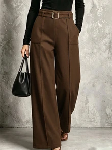 Vavine Women's Solid Color Pocket Casual Daily Wear Long Pants - Brown - View 5