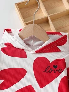 SHEIN Playful Pals 女童愛心印花連帽上衣與羅紋內搭褲2件套，甜美愛心印花休閒日常穿搭 - 紅色 - 查看 5