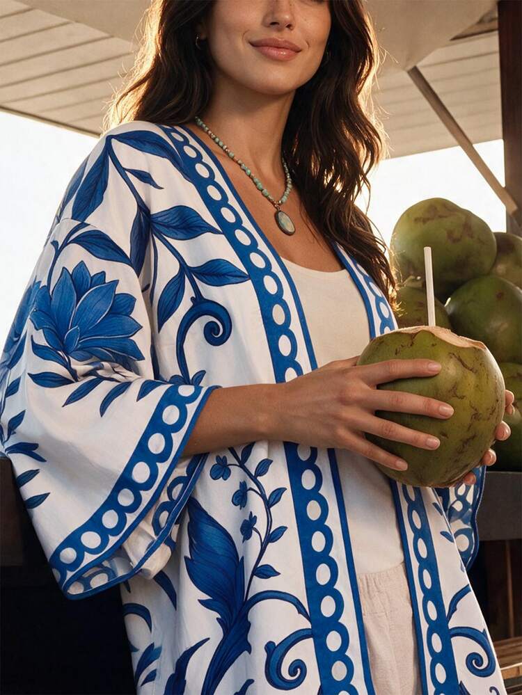 CAJUNI Women's Floral Print Kimono Vacation Jacket For Beach - Blue and White - View 1