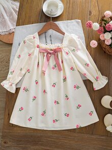 SHEIN Young Girl Floral Print Bow Decor Casual Daily Summer Dress - Pink - View 1