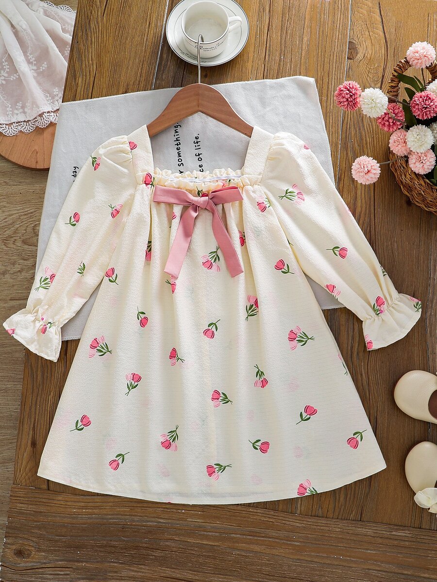 SHEIN Young Girl Floral Print Bow Decor Casual Daily Summer Dress - Pink - View 1
