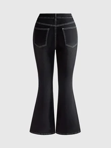 ROMWE Vintage Dark Gothic Spider Web Pattern Rhinestone Embellished Plus Size Denim Jeans - Black - View 4