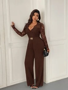 Femmeverse Plus Size Women's Fashion Sexy V-Neck Lace Patchwork Solid Color Jumpsuit Fall - Coffee Brown - View 5