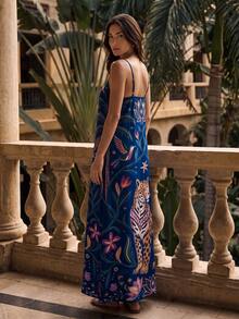 CAJUNI Women's Floral Print Spaghetti Strap Dress For Vacation And Beach - Navy Blue - View 4
