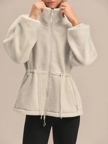 GLOWMODE Cozy Era 抓絨夾克，收腰設計、大翻領與前口袋，適合戶外秋冬日常休閒穿著 - 白色 - 查看 3