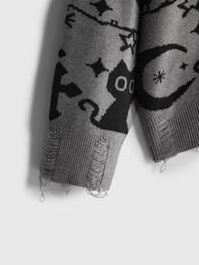ROMWE Dark Gothic Style Plus Size Knit Cardigan, Skull Black Cat Cross Jacquard, Distressed Design, V-Neck Long Sleeve Sweater Cardigan, Women Fall Winter - Grey - View 4