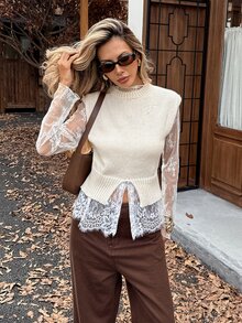 Serisse Women Fall/Winter High Neck Sweater Slim Fit Layered Lace Ruffle Hem Split Hem Knit Top Chic Autumn Going Out Layering Pullover - Apricot - View 6