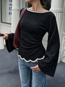 Selianne 女款拼色休閒法式優雅日常長袖T恤，黑白格紋，適合秋季下午茶穿著 - 黑色 - 查看 4