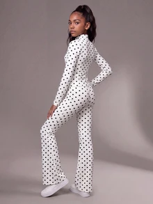 SHEIN طقم رياضي للبنات المراهقات بطبعة نقاط، جاكيت بأكمام طويلة وسحاب، توب بدون أكمام وسروال ضيق - أبيض - مشاهدة 6