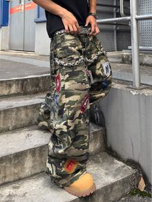 STEELVANCE 街頭風復古時尚百搭拼接鉚釘刺繡設計寬鬆直筒寬腿休閒日常大尺碼牛仔褲（不含腰帶與配件） - 軍綠色 - 查看 3