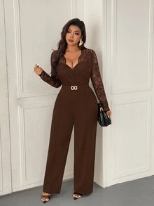 Femmeverse Plus Size Women's Fashion Sexy V-Neck Lace Patchwork Solid Color Jumpsuit Fall - Coffee Brown - View 4