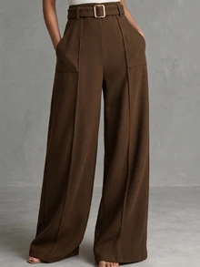 Vavine Women's Solid Color Pocket Casual Daily Wear Long Pants - Brown - View 3