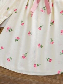 SHEIN Young Girl Floral Print Bow Decor Casual Daily Summer Dress - Pink - View 3