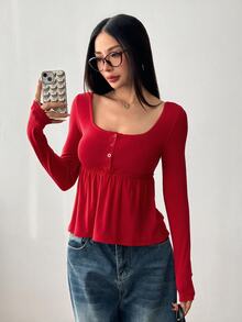 SHEIN EZwear 女款軍綠色前扣長袖休閒襯衫，適合秋冬 - 紅色 - 查看 6