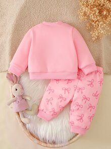 SHEIN 跨境熱銷粉色嬰兒女童衛衣褲子兩件套，可愛卡通貓刺繡蝴蝶結嬰兒服飾，歐美風長袖連帽套裝，適合嬰兒與幼兒的多功能穿搭 - 淺粉色 - 查看 2