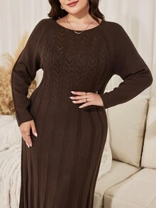 Lacomfia فستان محبوك كاجوال يومي بلون موحد للنساء ذوات المقاسات الكبيرة - بني - مشاهدة 1