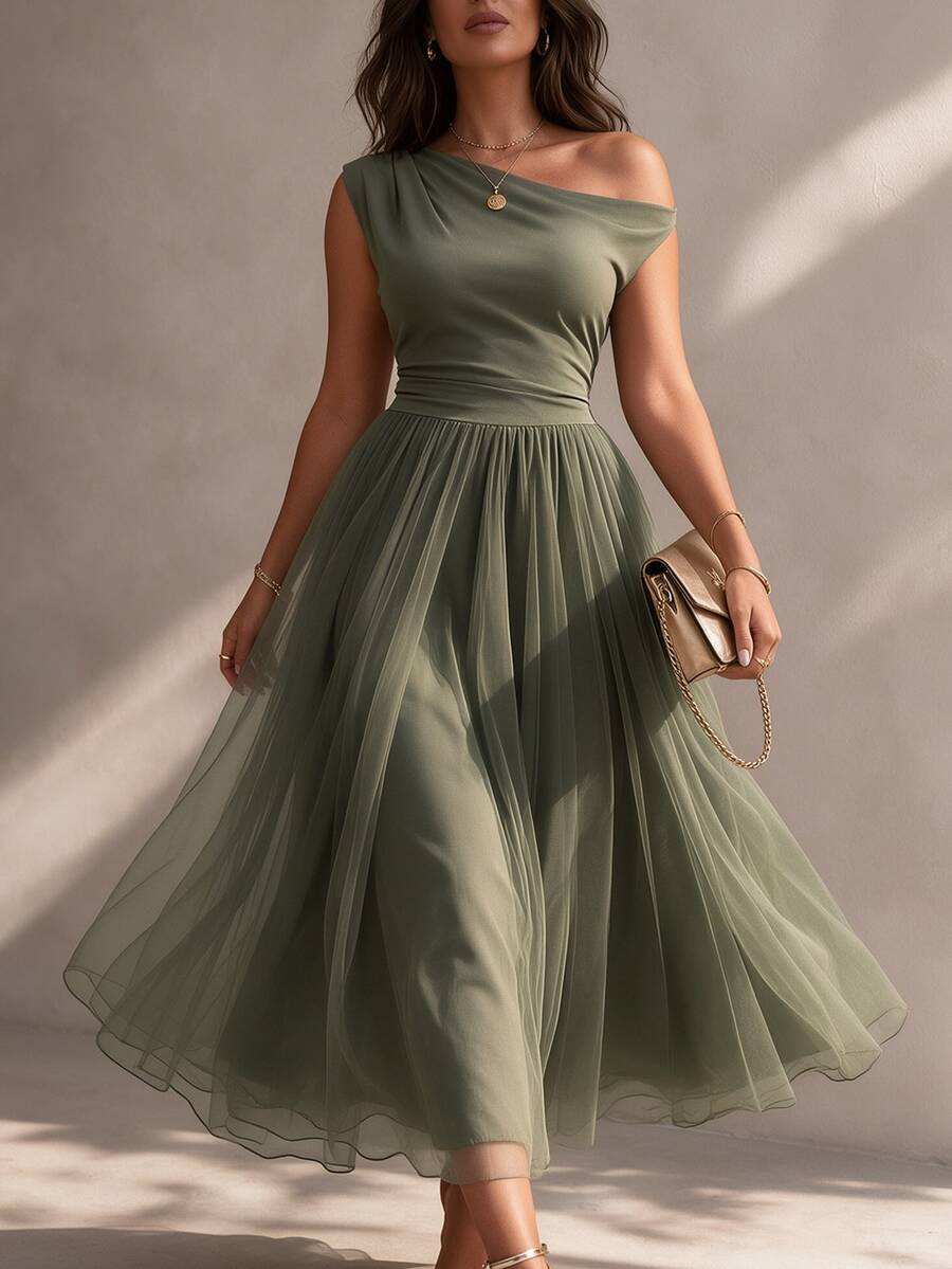 Juhart Plus Size Women's Summer Elegant One Shoulder Knit Mesh Patchwork Dress - Green - View 1
