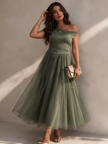 Juhart Plus Size Women's Summer Elegant One Shoulder Knit Mesh Patchwork Dress - Green - View 4