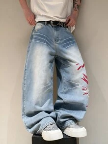 STEELVANCE 街頭風復古時尚百搭貓鬍鬚刺繡設計寬鬆直筒寬腿休閒牛仔褲 - 淺色水洗藍 - 查看 6