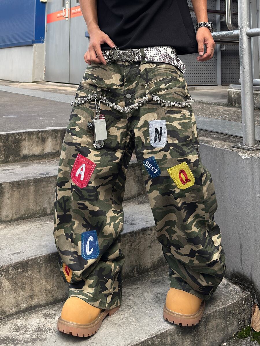STEELVANCE 街頭風復古時尚百搭拼接鉚釘刺繡設計寬鬆直筒寬腿休閒日常大尺碼牛仔褲(不含腰帶與配件) - 軍綠色 - 查看 1