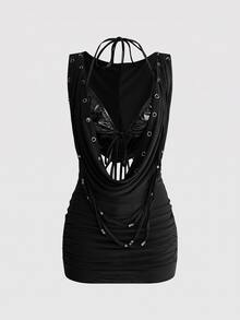 ROMWE Summer Y2K Party Triangle Cup Bra & Deep V Neckline Beaded Design Slim Fit Bodycon Mini Dress - Black - View 4