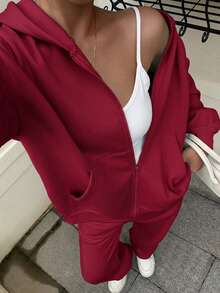 SHEIN EZwear 薄荷綠針織連帽衛衣運動褲兩件套 女款 旅行 秋季 休閒 運動休閒 日常 外出 - 酒紅色 - 查看 7