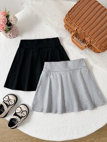 SHEIN 女童 2 件組灰色/黑色裙子與短褲套裝，純色針織 A 字裙附內層短褲，適合學校、運動與日常穿著 - 彩色 - 查看 2