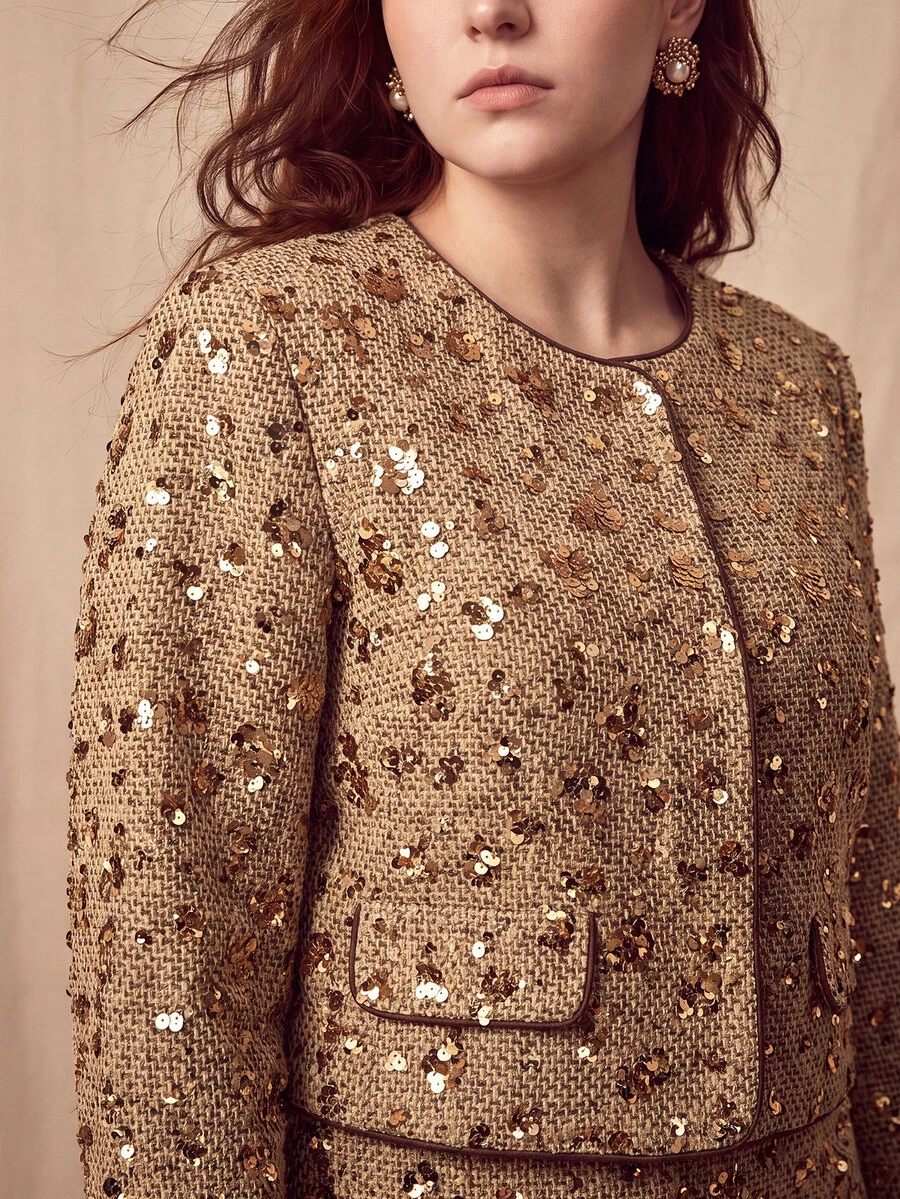 MOTF PREMIUM PLUS SIZE SEQUIN CASUAL VERSATILE DAILY WEAR LONG SLEEVE JACKET - Gold - View 2