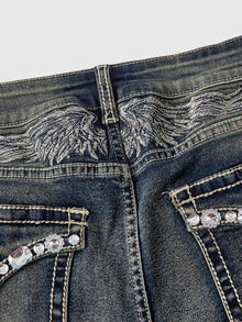 ROMWE Goth Women's Casual Daily Flare Jeans With Pockets And Buttons - Medium Wash - View 3
