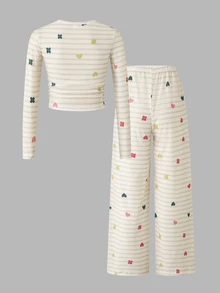 SHEIN Setelan Atasan 2 Potong untuk Anak Perempuan Remaja Musim Gugur, Kasual, Rajut, Kembali ke Sekolah, Vintage, Ramping, Pakaian Musim Gugur, Musim Gugur, Pakaian Liburan - Putih - View 2