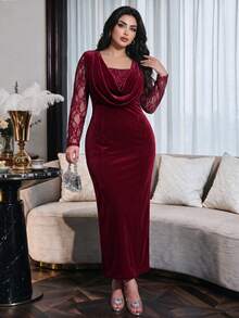 Modelyn Plus Size Women's Lace Patchwork Elegant Waist-Cinched Party Dress - Burgundy - View 7