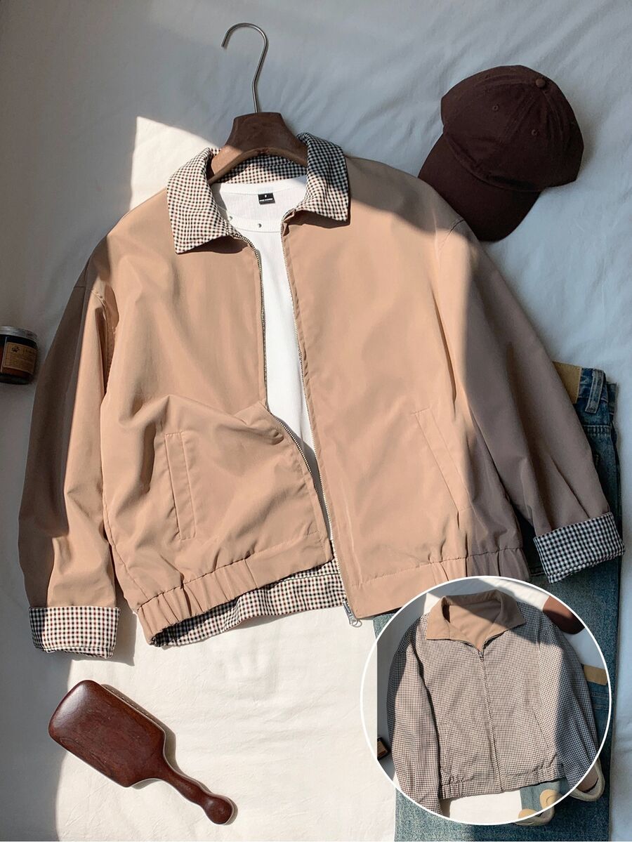 Comfortcana Women's Colorblock Zipper Casual Preppy Versatile Daily Long Sleeve Jacket Everyday School Fall - Khaki - View 1