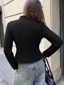 Avenya Women's Vintage Napoleon Metal Button Stand Collar Short Jacket, Padded Shoulder Knitted Frog Button Slimming Blazer, Autumn/Winter - Black - View 2