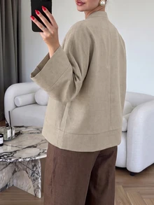 Modelyn Plus Size Loose Fit Two-Tone Plain Fabric Shirt With Front Button Design, Casual Style, Suitable For Spring And Autumn Daily Wear - Apricot - View 2
