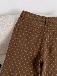 Comfortcana 女款休閒日常牛仔褲，附口袋、鈕扣與波點圖案 - 棕色 - 查看 5