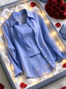 GlowEve CURVE Plus Size Solid Color Camisole Top & Single-Breasted Long Sleeve Shirt Set - Blue - View 1