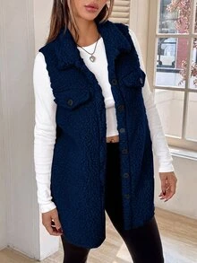 SHEIN EZwear 女款大腿長棕色法蘭絨泰迪大衣，領口設計，寬鬆版型，適合秋冬 - 藏蓝色 - 查看 5