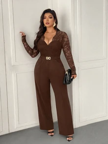 Femmeverse Plus Size Women's Fashion Sexy V-Neck Lace Patchwork Solid Color Jumpsuit Fall - Coffee Brown - View 8