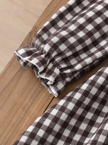 SHEIN Gaun Putri Motif Kotak-kotak Cokelat Tenun untuk Anak Perempuan dengan Gaya Minimalis, Desain Leher Persegi Depan-Belakang - Coklat - View 5